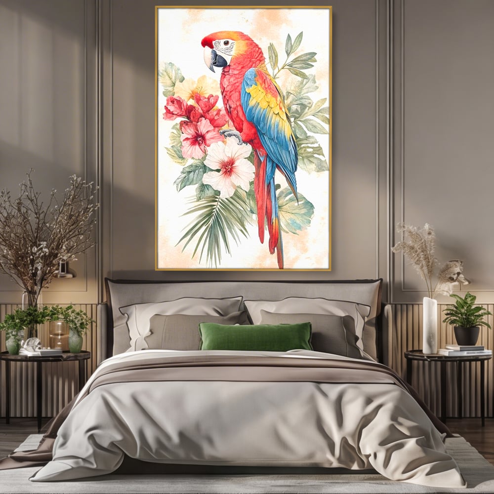 Tablou canvas cu tablou canvas cu papagal multicolor si flori, in rama de aluminiu auriu, pe perete intr-un dormitor