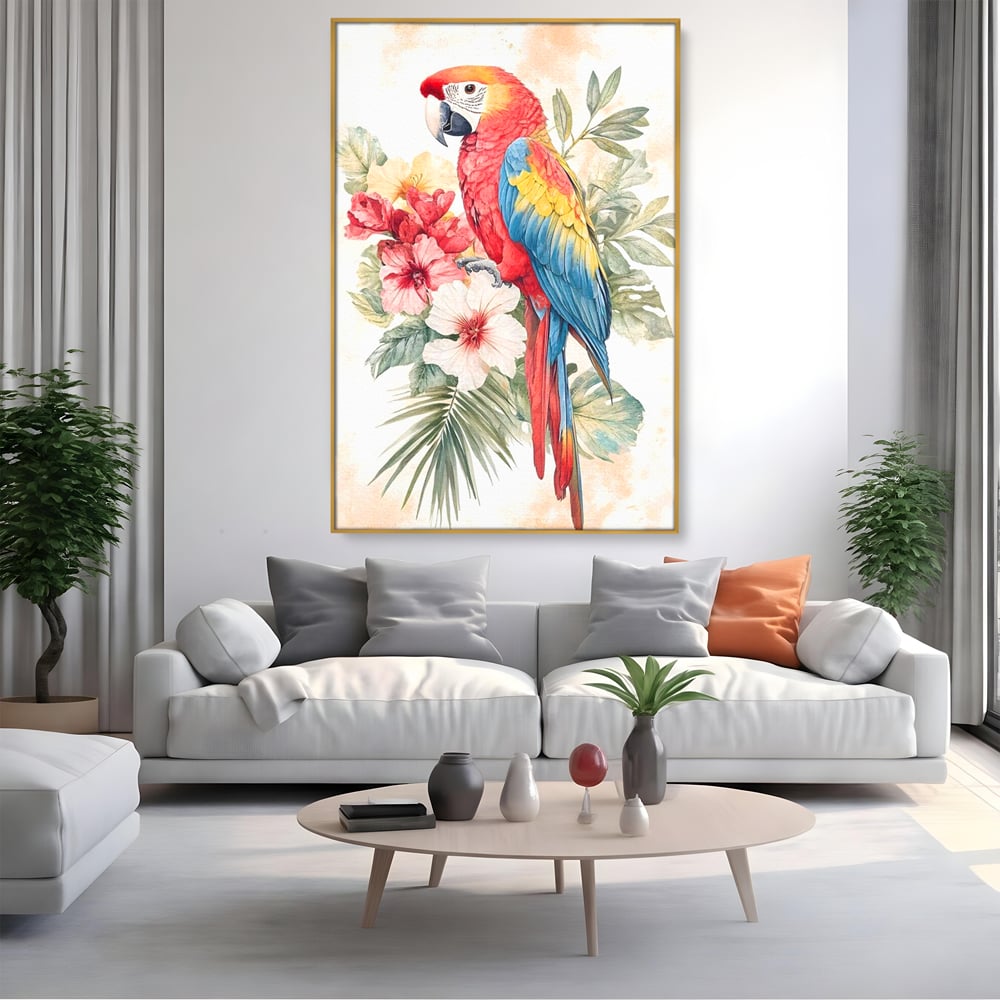 Tablou canvas cu tablou canvas cu papagal multicolor si flori, in rama de aluminiu auriu, pe perete intr-un living