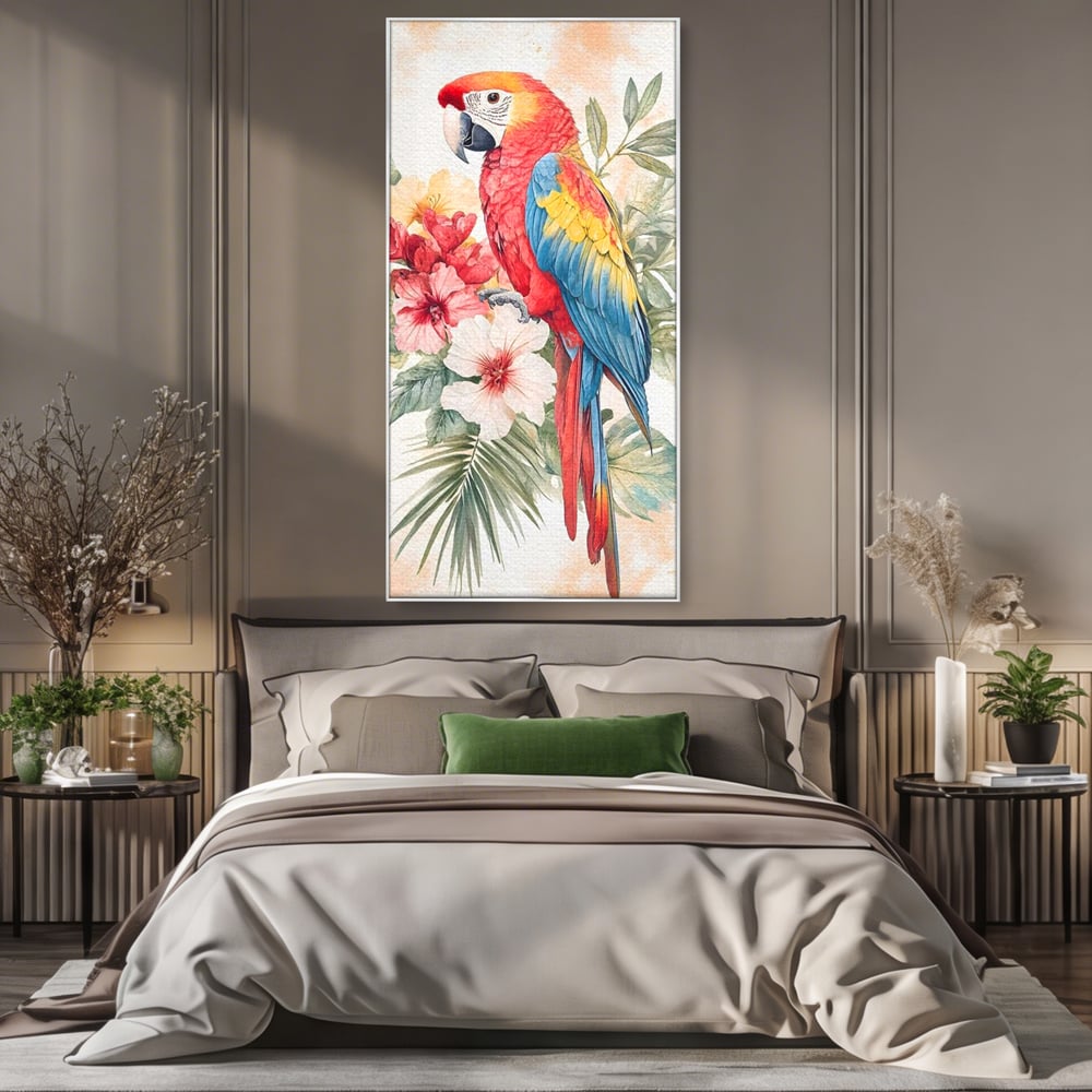 Tablou canvas cu tablou canvas cu papagal multicolor si flori, in rama de aluminiu argintiu, pe perete intr-un dormitor