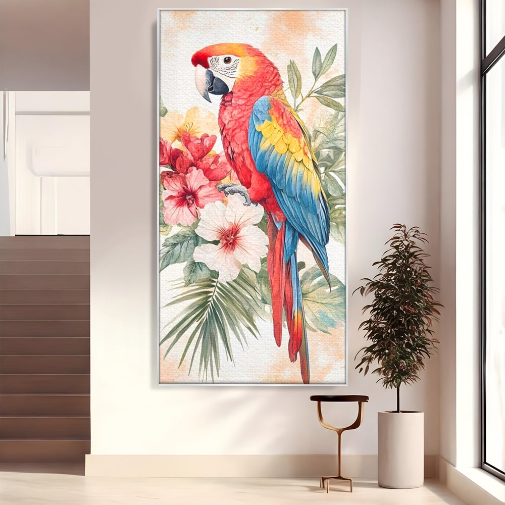 Tablou canvas cu tablou canvas cu papagal multicolor si flori, in rama de aluminiu argintiu