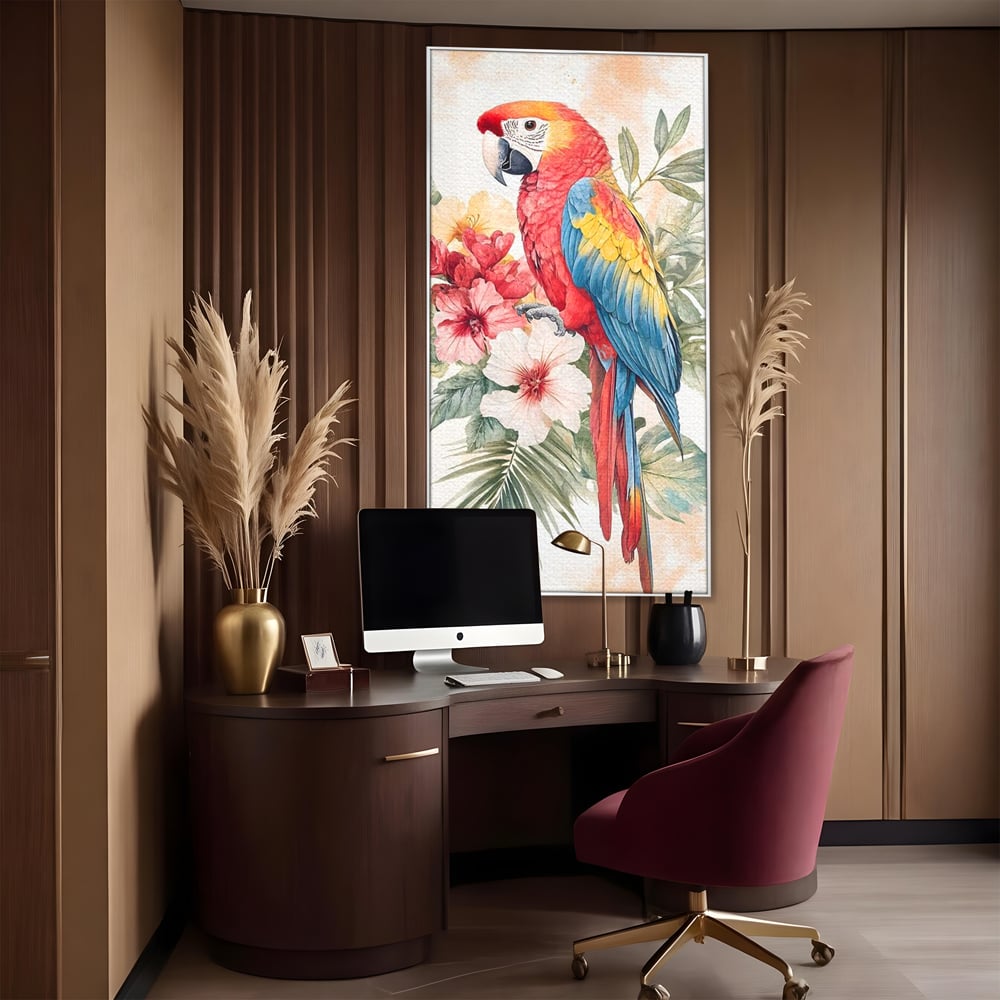 Tablou canvas cu tablou canvas cu papagal multicolor si flori, in rama de aluminiu argintiu, pe perete intr-un birou