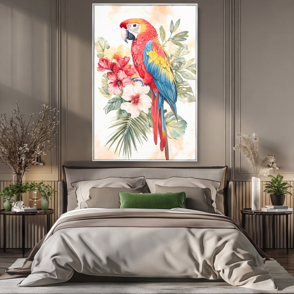 Tablou canvas cu tablou canvas cu papagal multicolor si flori, in rama de aluminiu argintiu, pe perete intr-un dormitor