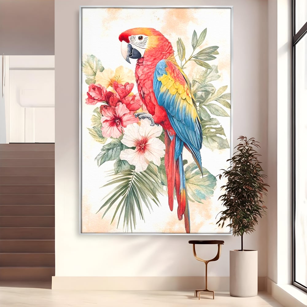 Tablou canvas cu tablou canvas cu papagal multicolor si flori, in rama de aluminiu argintiu