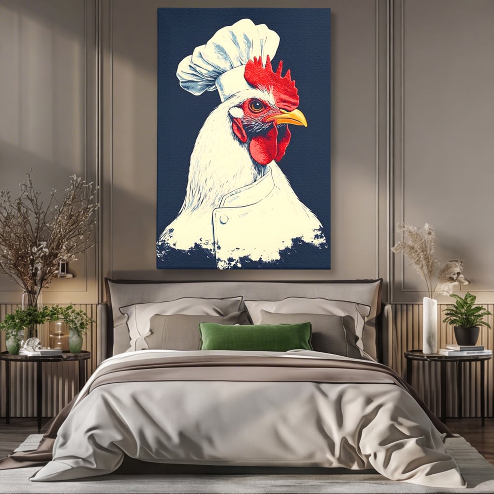 Tablou canvas cu tablou canvas cu gaina bucatar, fara rama, pe sasiu de lemn, pe perete intr-un dormitor