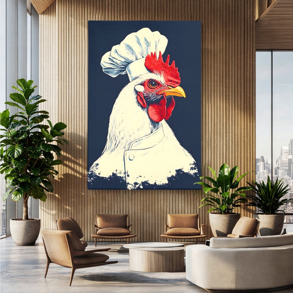 Tablou canvas cu tablou canvas cu gaina bucatar, fara rama, pe sasiu de lemn, pe perete intr-un birou