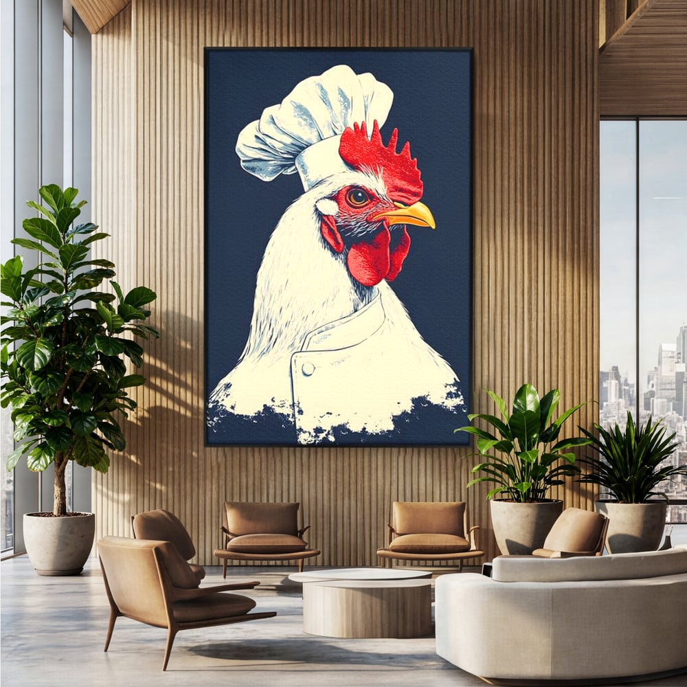 Tablou canvas cu tablou canvas cu gaina bucatar, in rama de aluminiu negru, pe perete intr-un birou