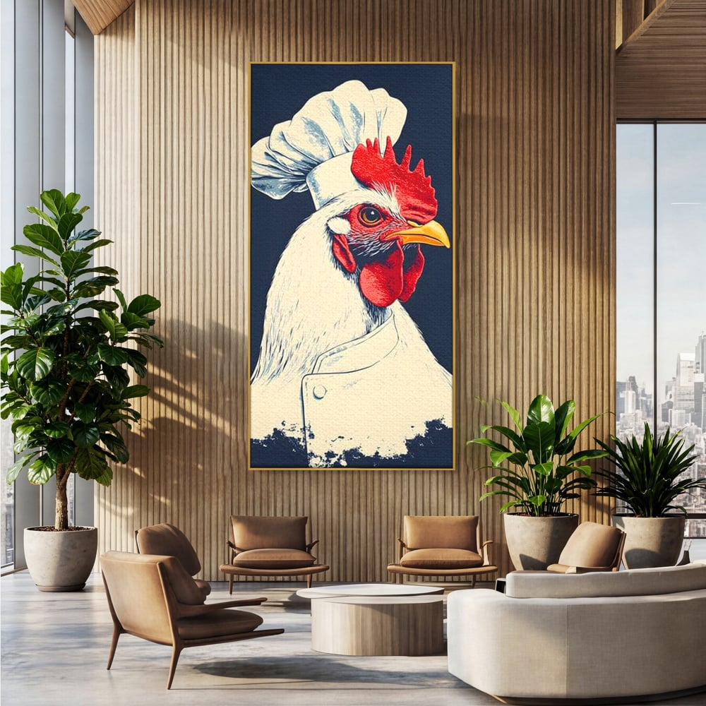 Tablou canvas cu tablou canvas cu gaina bucatar, in rama de aluminiu auriu, pe perete intr-un birou