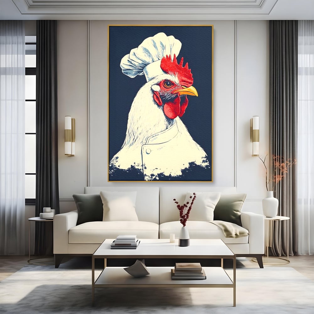 Tablou canvas cu tablou canvas cu gaina bucatar, in rama de aluminiu auriu, pe perete intr-un living