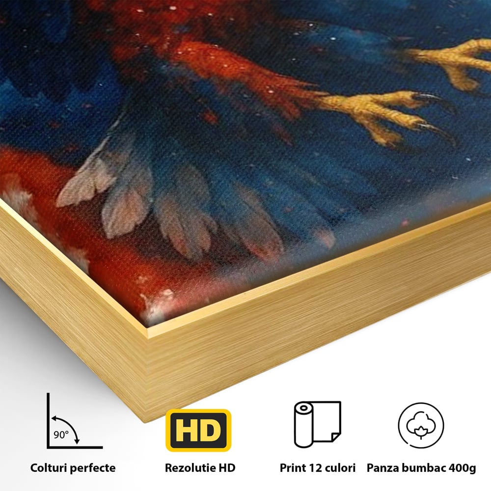 Detaliu al suprafetei: tablou canvas vultur in zbor, in rama de aluminiu auriu