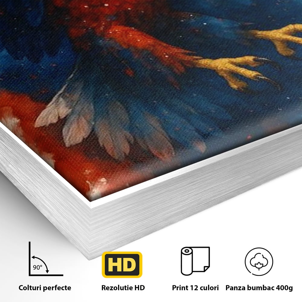 Detaliu al suprafetei: tablou canvas vultur in zbor, in rama de aluminiu argintiu