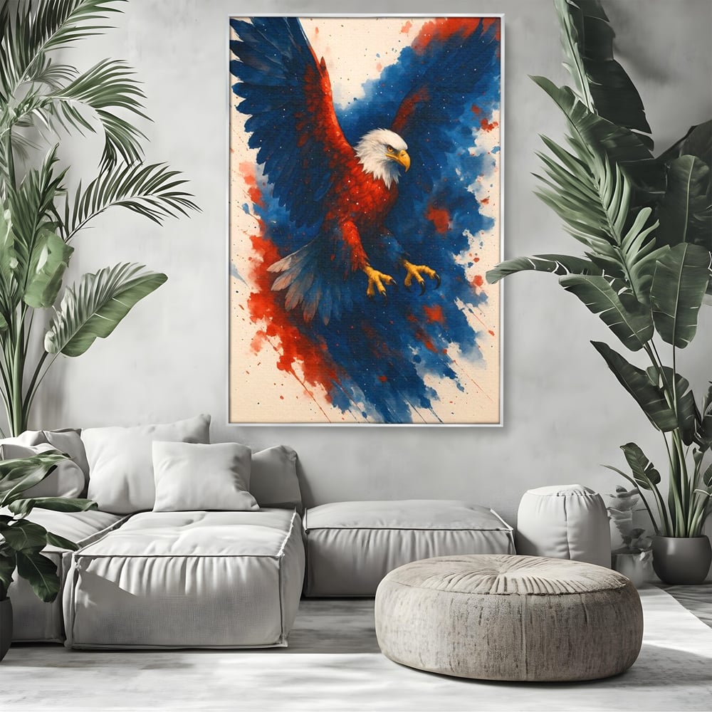 Tablou canvas cu tablou canvas vultur in zbor, in rama de aluminiu argintiu, pe perete intr-un living