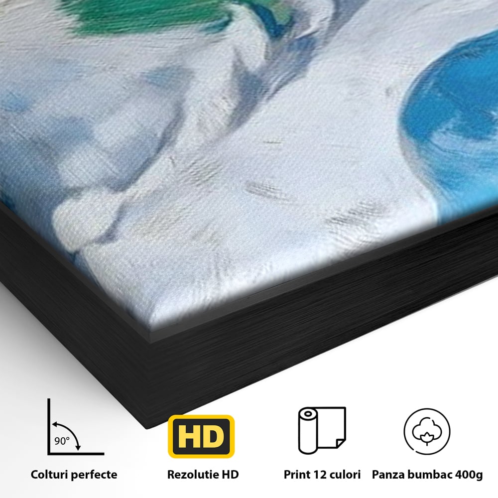 Detaliu al suprafetei: tablou canvas cu portret de papagal, in rama de aluminiu negru