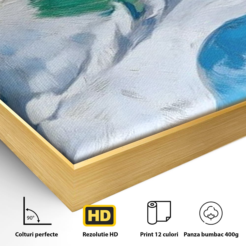 Detaliu al suprafetei: tablou canvas cu portret de papagal, in rama de aluminiu auriu