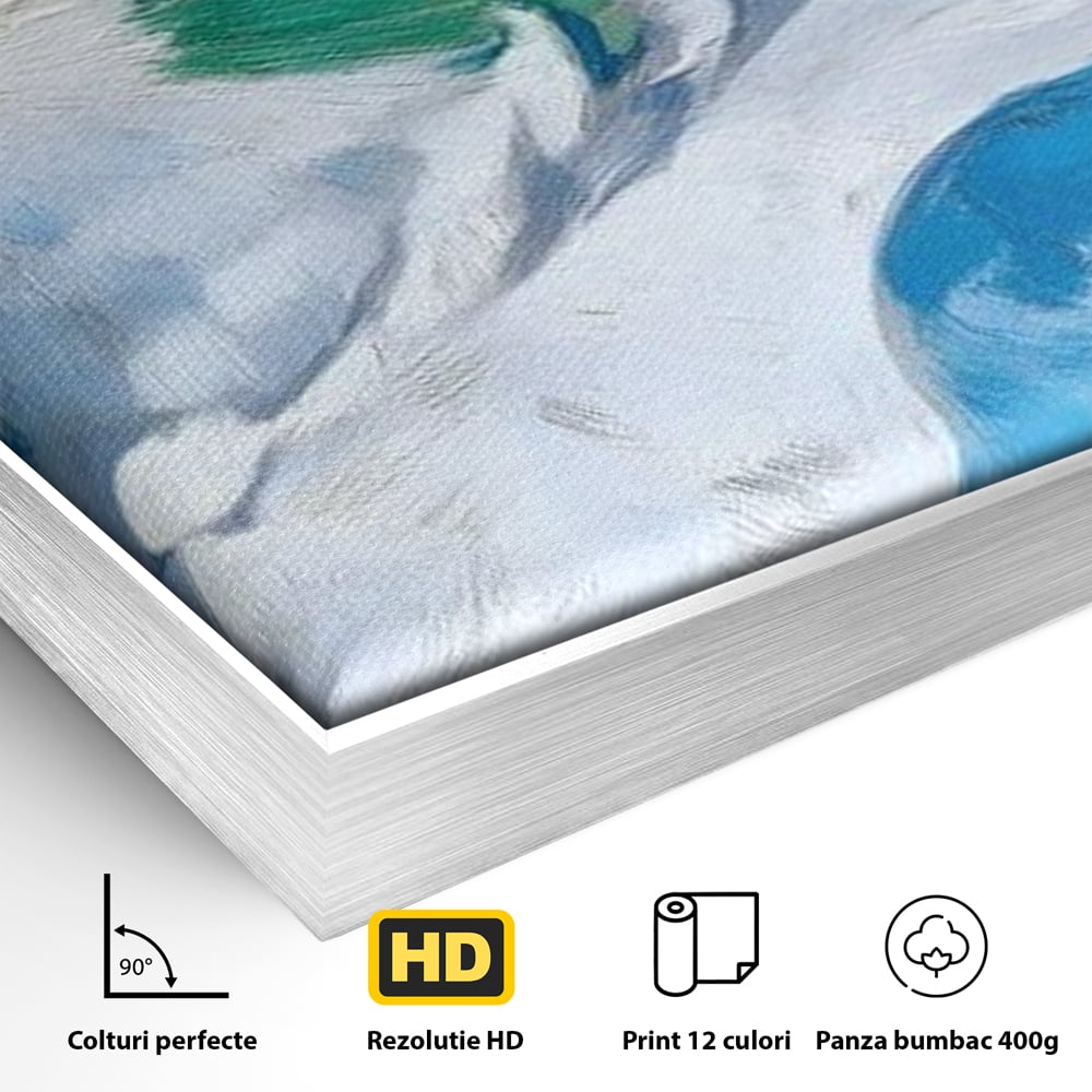 Detaliu al suprafetei: tablou canvas cu portret de papagal, in rama de aluminiu argintiu