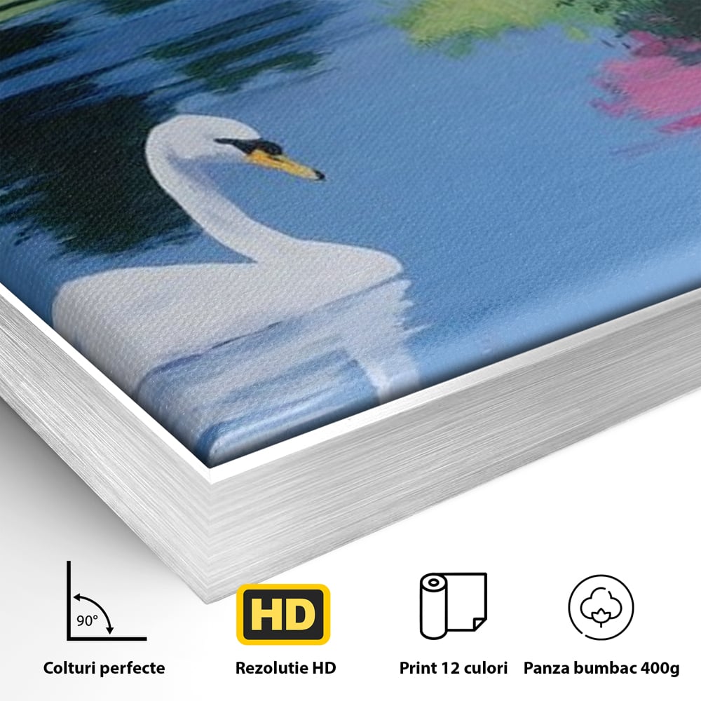 Detaliu al suprafetei: pictura cu lebada pe lac si flori, in rama de aluminiu argintiu