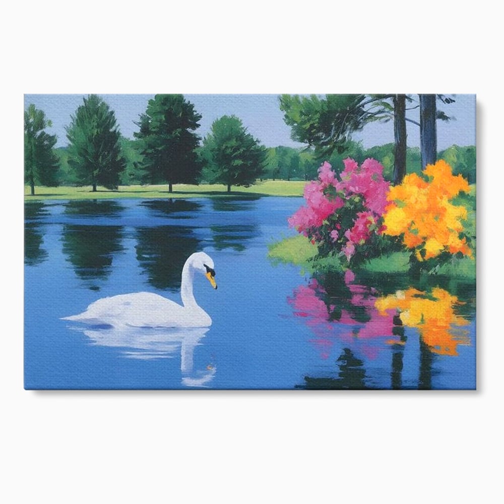 Tablou canvas cu pictura cu lebada pe lac si flori, fara rama, pe sasiu de lemn