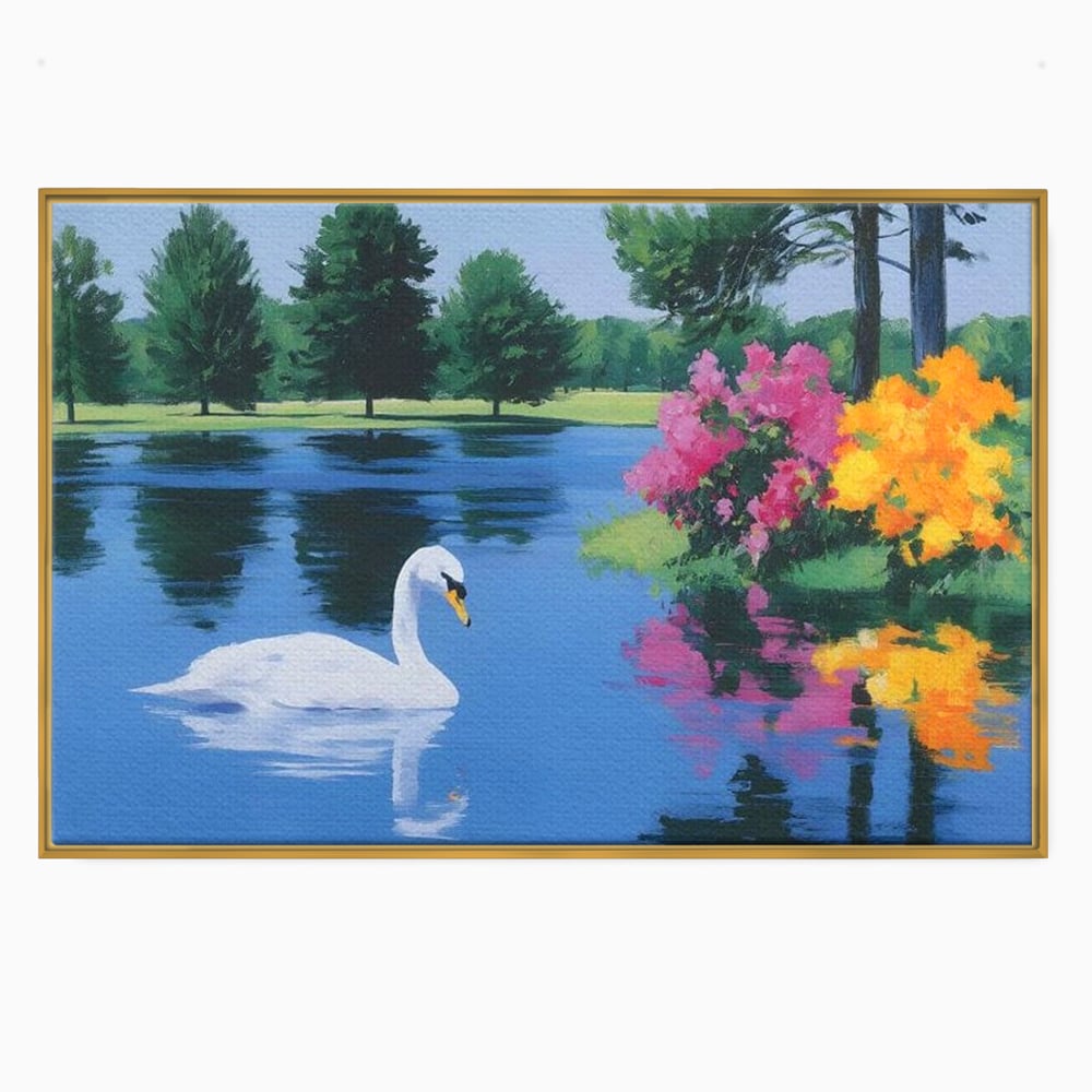 Tablou canvas cu pictura cu lebada pe lac si flori, in rama de aluminiu auriu