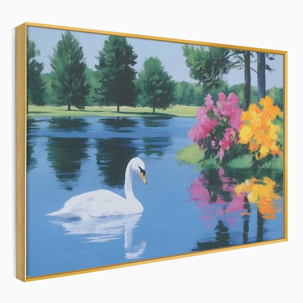 Tablou canvas cu pictura cu lebada pe lac si flori, in rama de aluminiu auriu