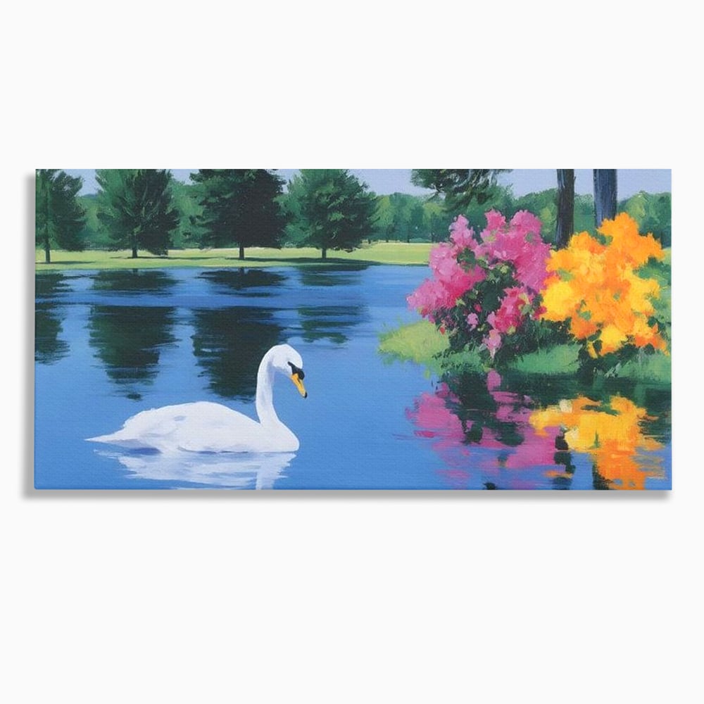 Tablou canvas cu pictura cu lebada pe lac si flori, fara rama, pe sasiu de lemn