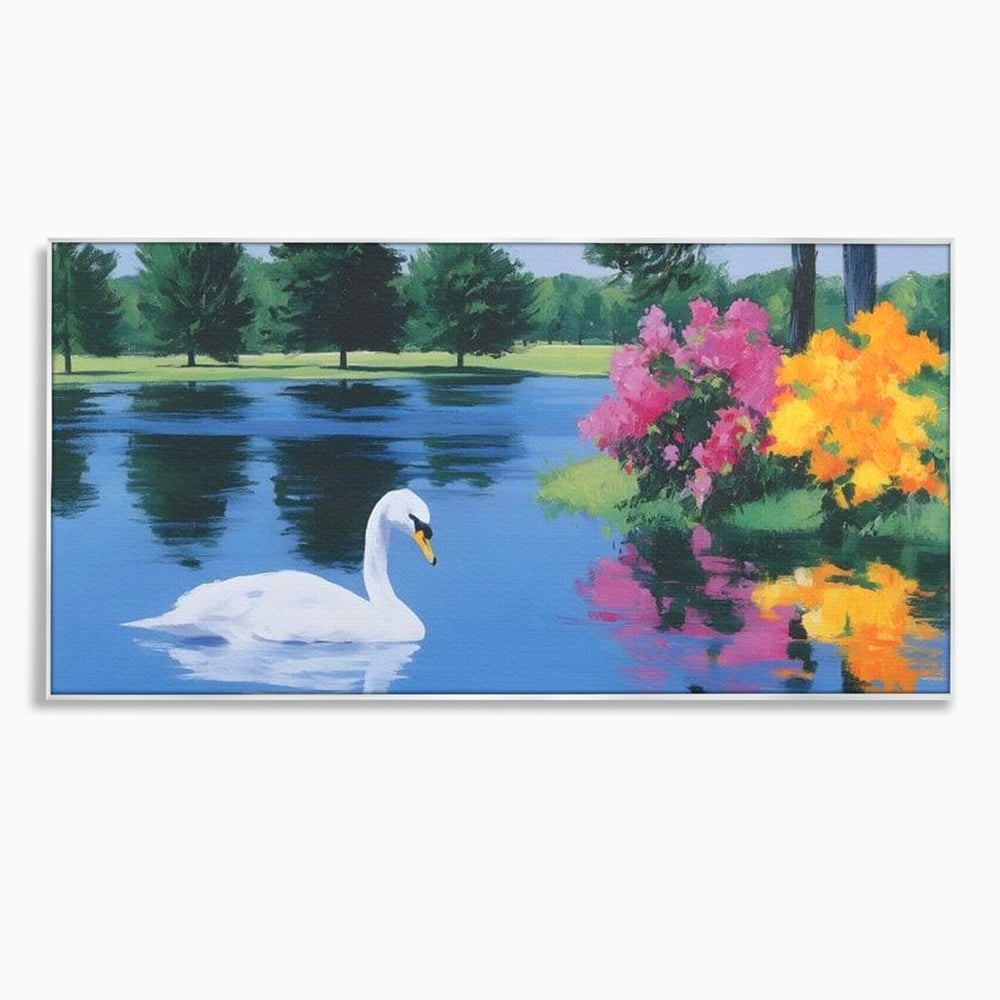 Tablou canvas cu pictura cu lebada pe lac si flori, in rama de aluminiu argintiu