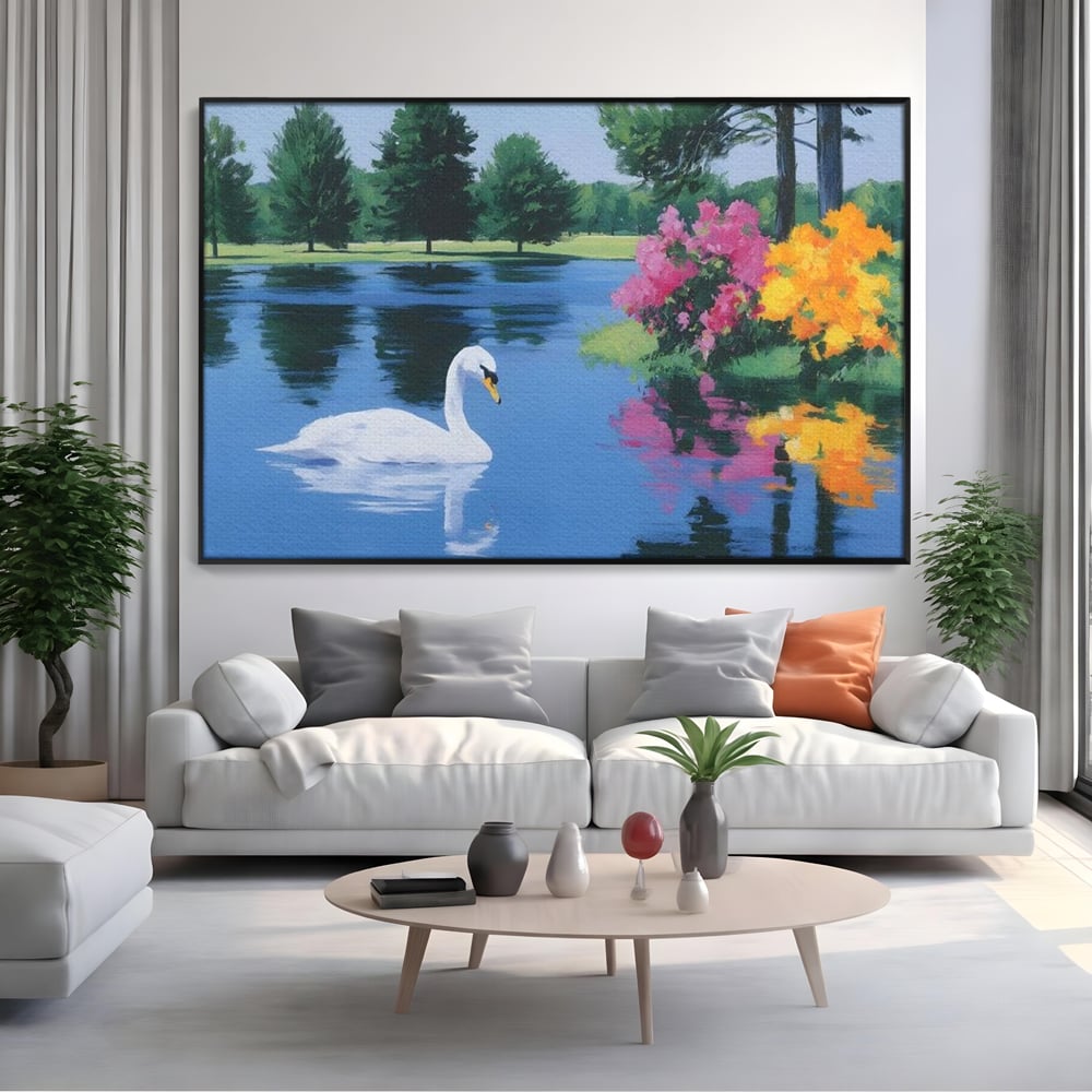 Tablou canvas cu pictura cu lebada pe lac si flori, in rama de aluminiu negru, pe perete intr-un living