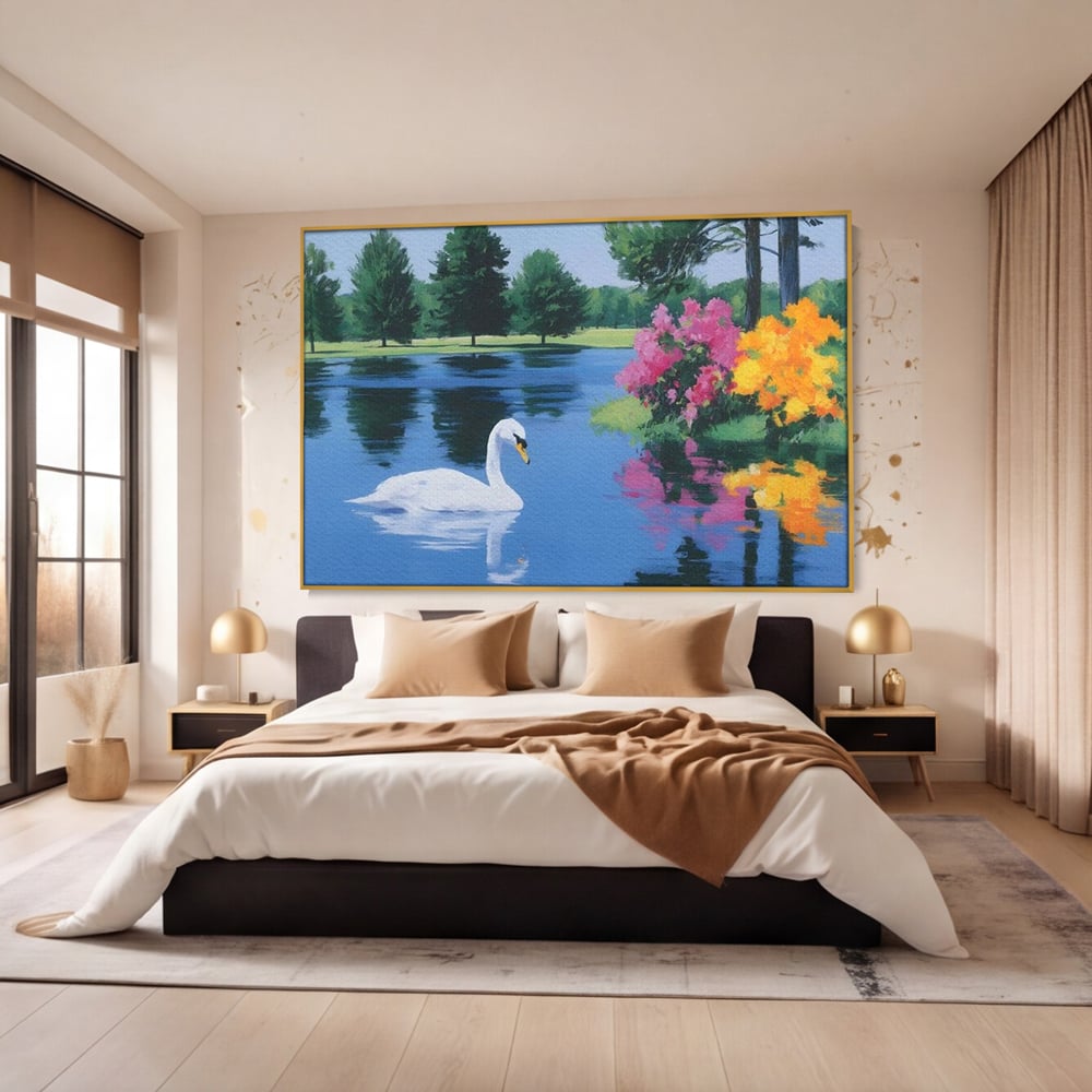 Tablou canvas cu pictura cu lebada pe lac si flori, in rama de aluminiu auriu, pe perete intr-un dormitor