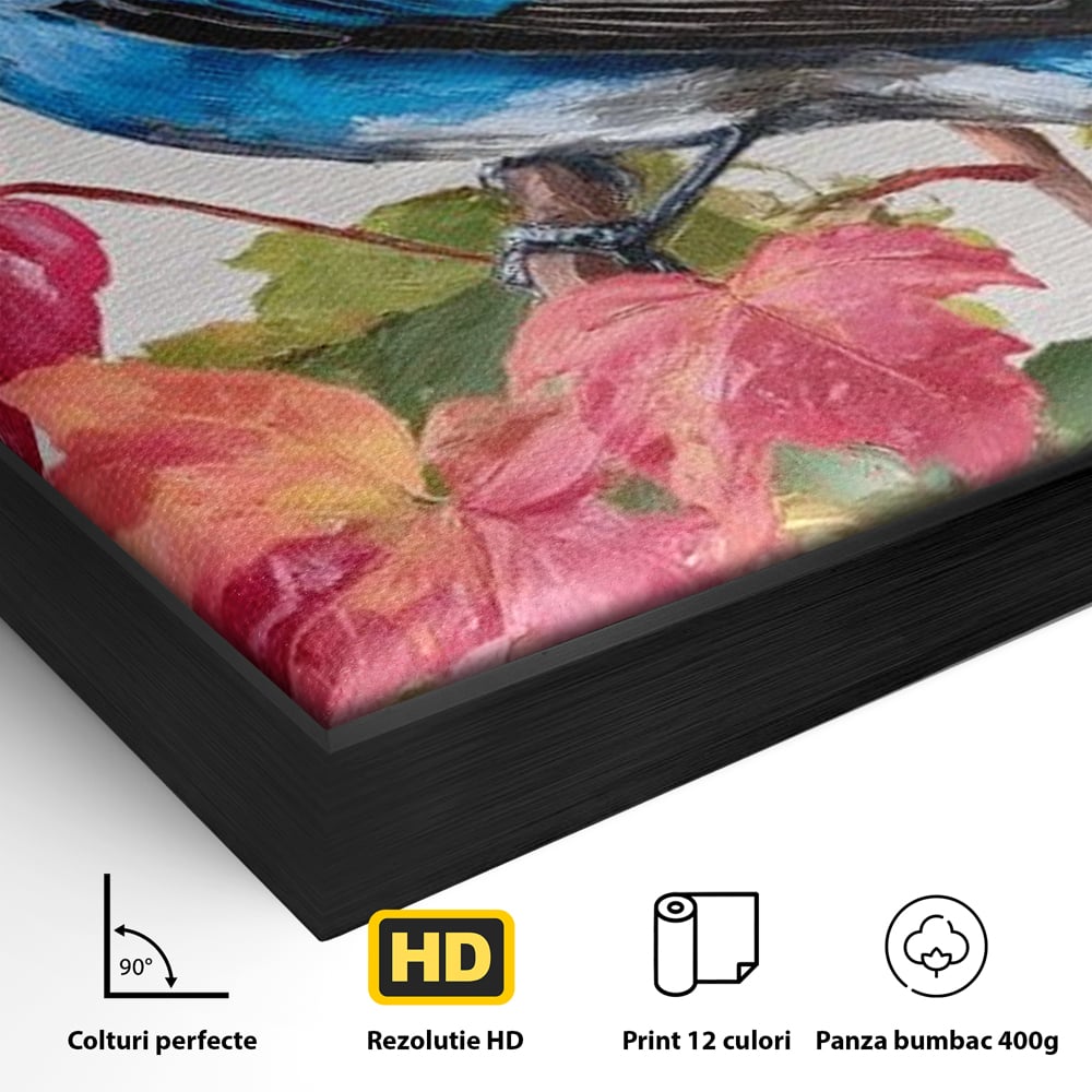 Detaliu al suprafetei: tablou canvas cu pasare albastra si frunze de toamna, in rama de aluminiu negru