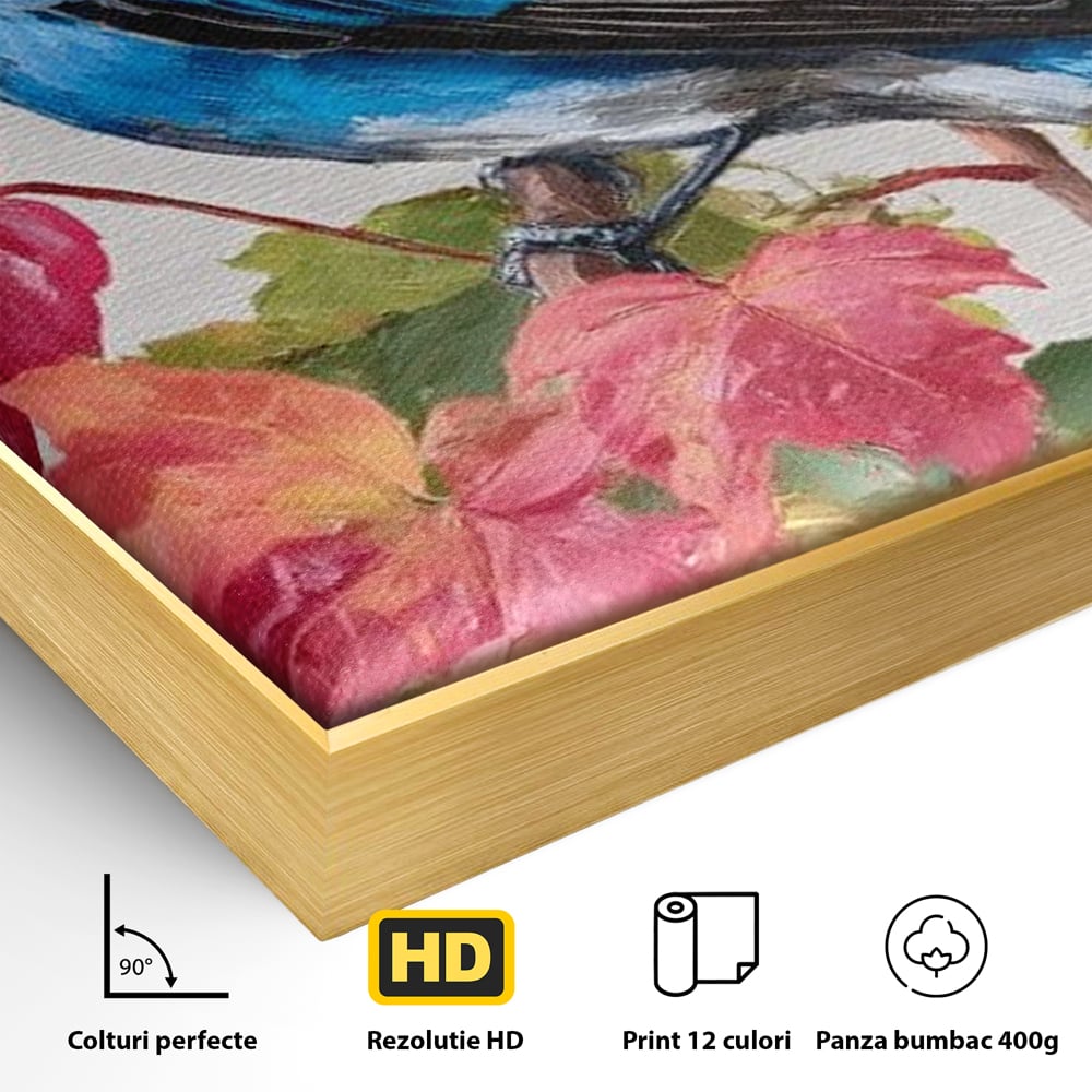 Detaliu al suprafetei: tablou canvas cu pasare albastra si frunze de toamna, in rama de aluminiu auriu