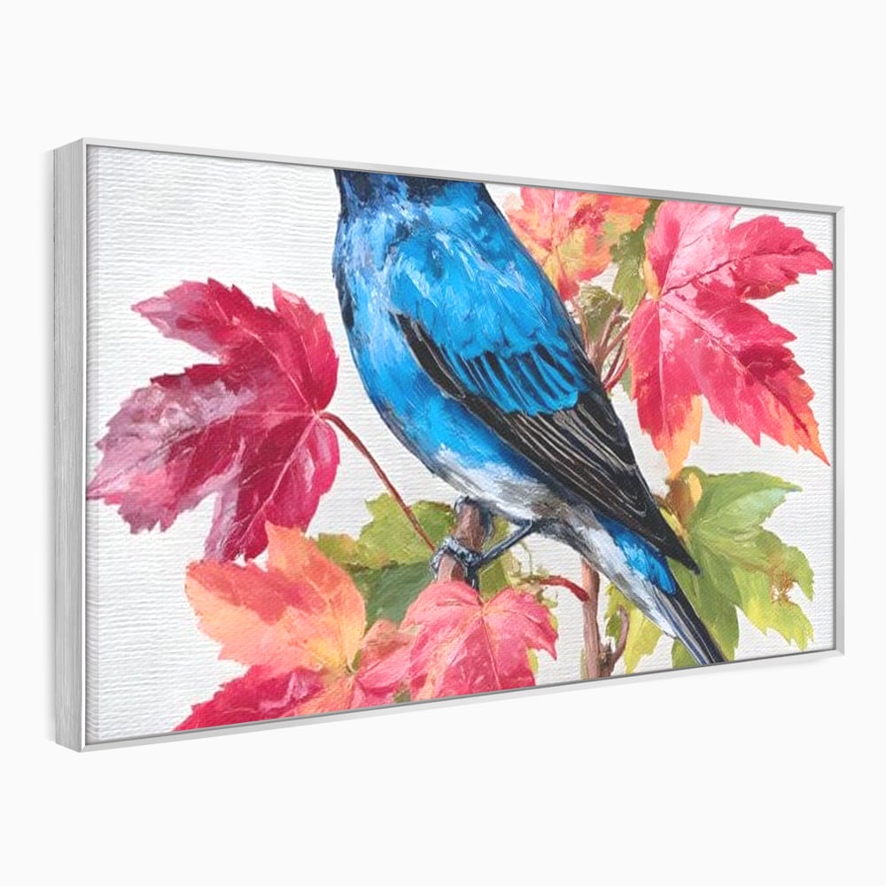 Tablou canvas cu tablou canvas cu pasare albastra si frunze de toamna, in rama de aluminiu argintiu