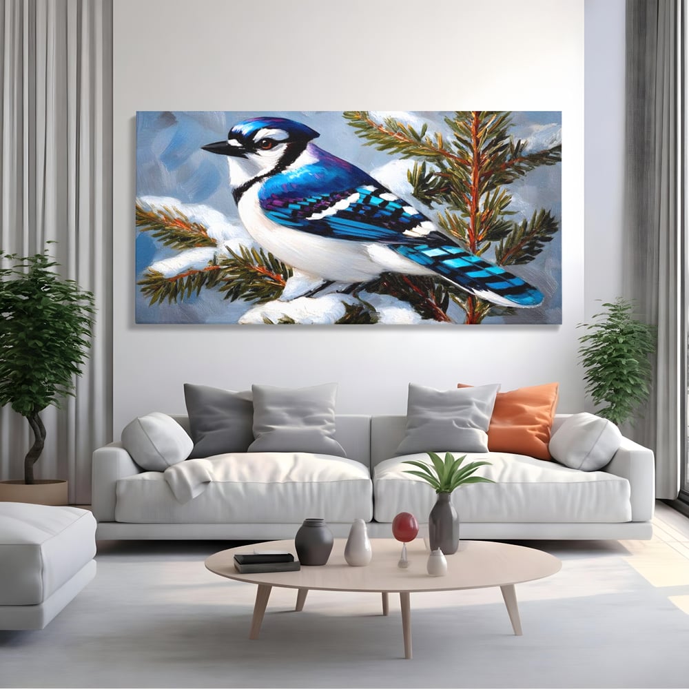 Tablou canvas cu tablou canvas cu o gaiet albastra pe creanga inzapezita, fara rama, pe sasiu de lemn, pe perete intr-un living