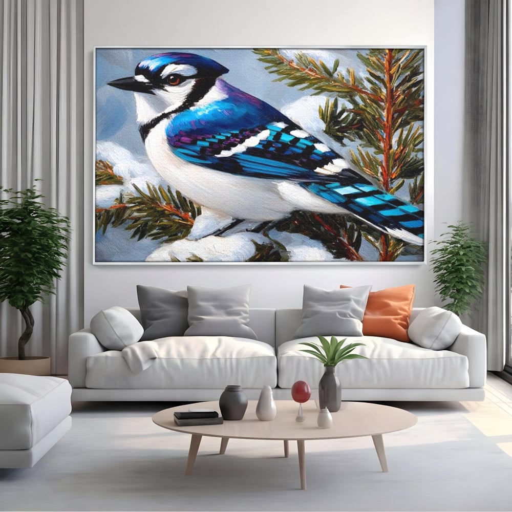 Tablou canvas cu tablou canvas cu o gaiet albastra pe creanga inzapezita, in rama de aluminiu argintiu, pe perete intr-un living