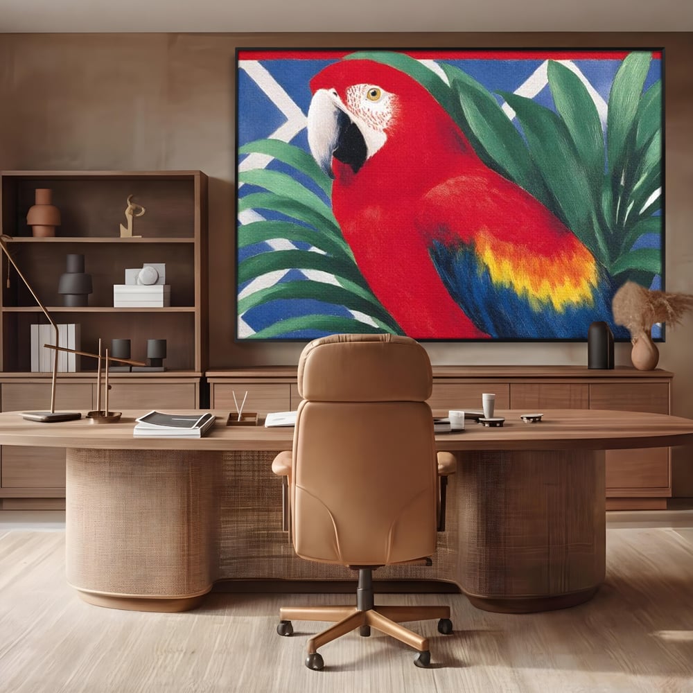 Tablou canvas cu tablou canvas cu papagal rosu, in rama de aluminiu negru, pe perete intr-un birou