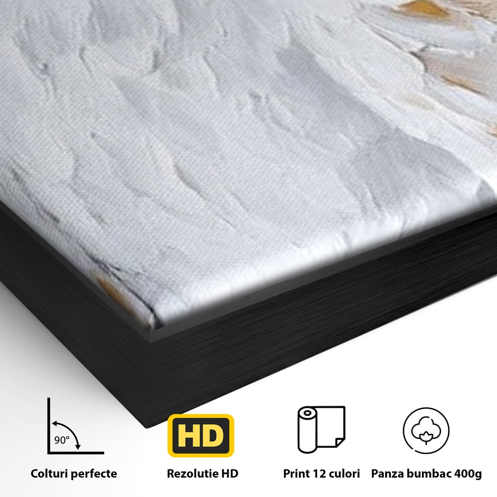 Detaliu al suprafetei: tablou canvas cu vultur alb, in rama de aluminiu negru