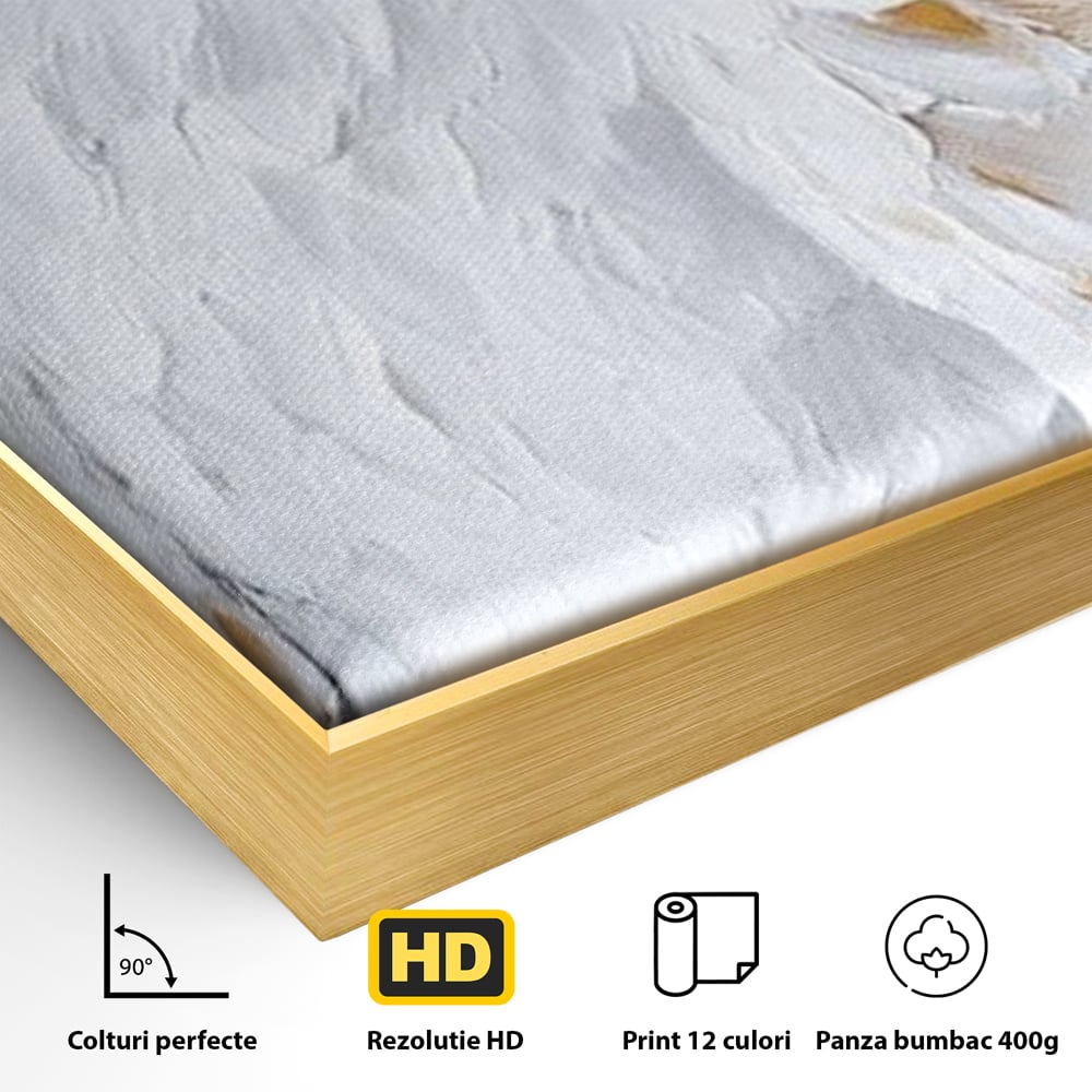 Detaliu al suprafetei: tablou canvas cu vultur alb, in rama de aluminiu auriu