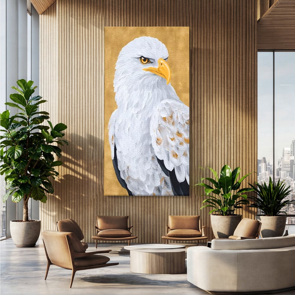 Tablou canvas cu tablou canvas cu vultur alb, fara rama, pe sasiu de lemn, pe perete intr-un birou