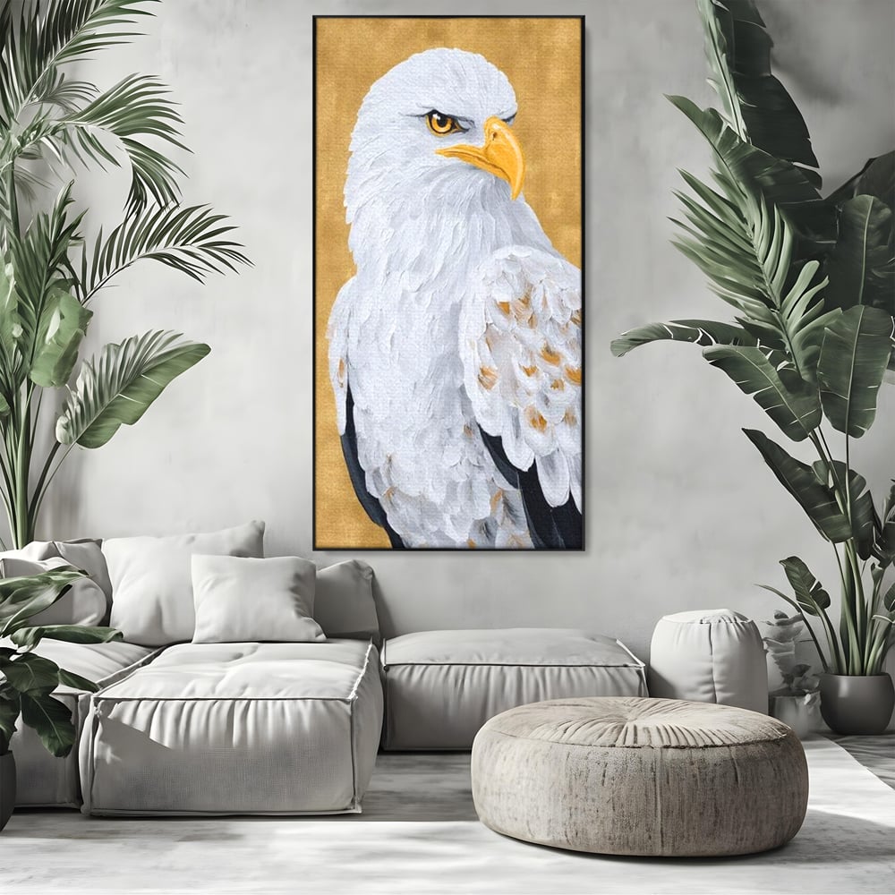 Tablou canvas cu tablou canvas cu vultur alb, in rama de aluminiu negru, pe perete intr-un living