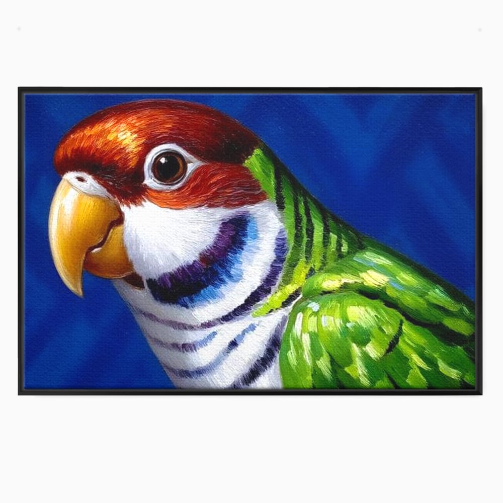 Tablou canvas cu pictura cu cap de papagal colorat, in rama de aluminiu negru