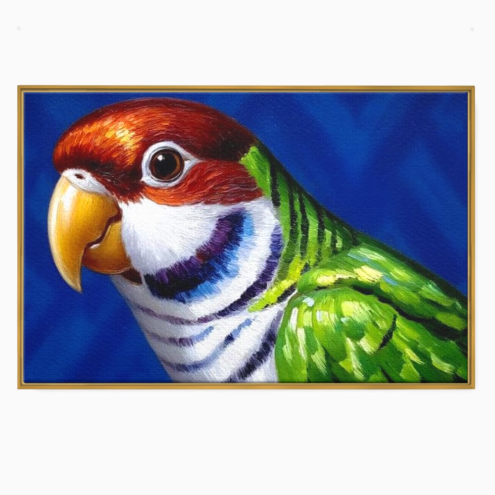 Tablou canvas cu pictura cu cap de papagal colorat, in rama de aluminiu auriu