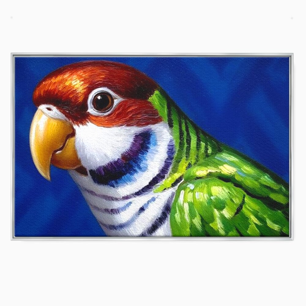 Tablou canvas cu pictura cu cap de papagal colorat, in rama de aluminiu argintiu