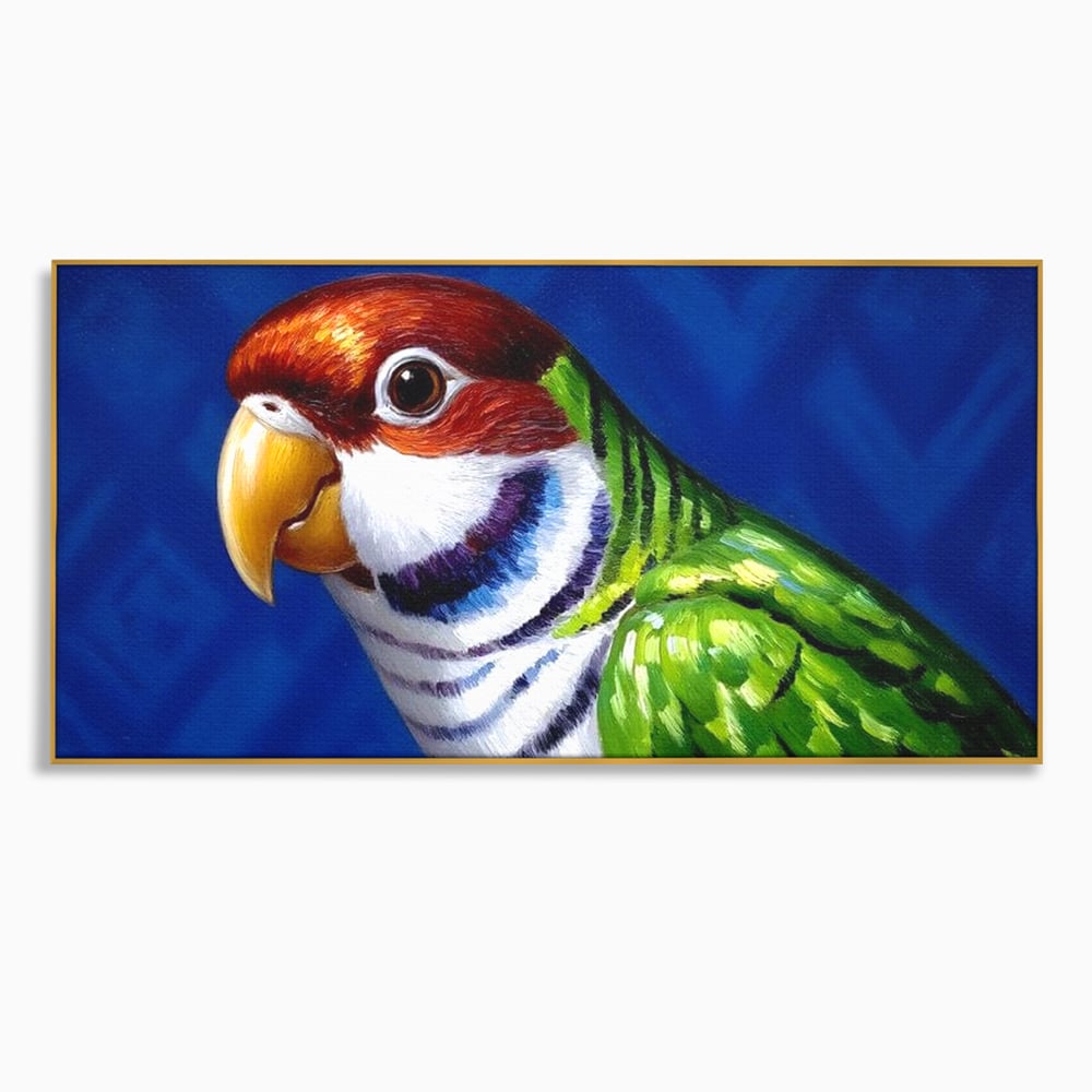 Tablou canvas cu pictura cu cap de papagal colorat, in rama de aluminiu auriu