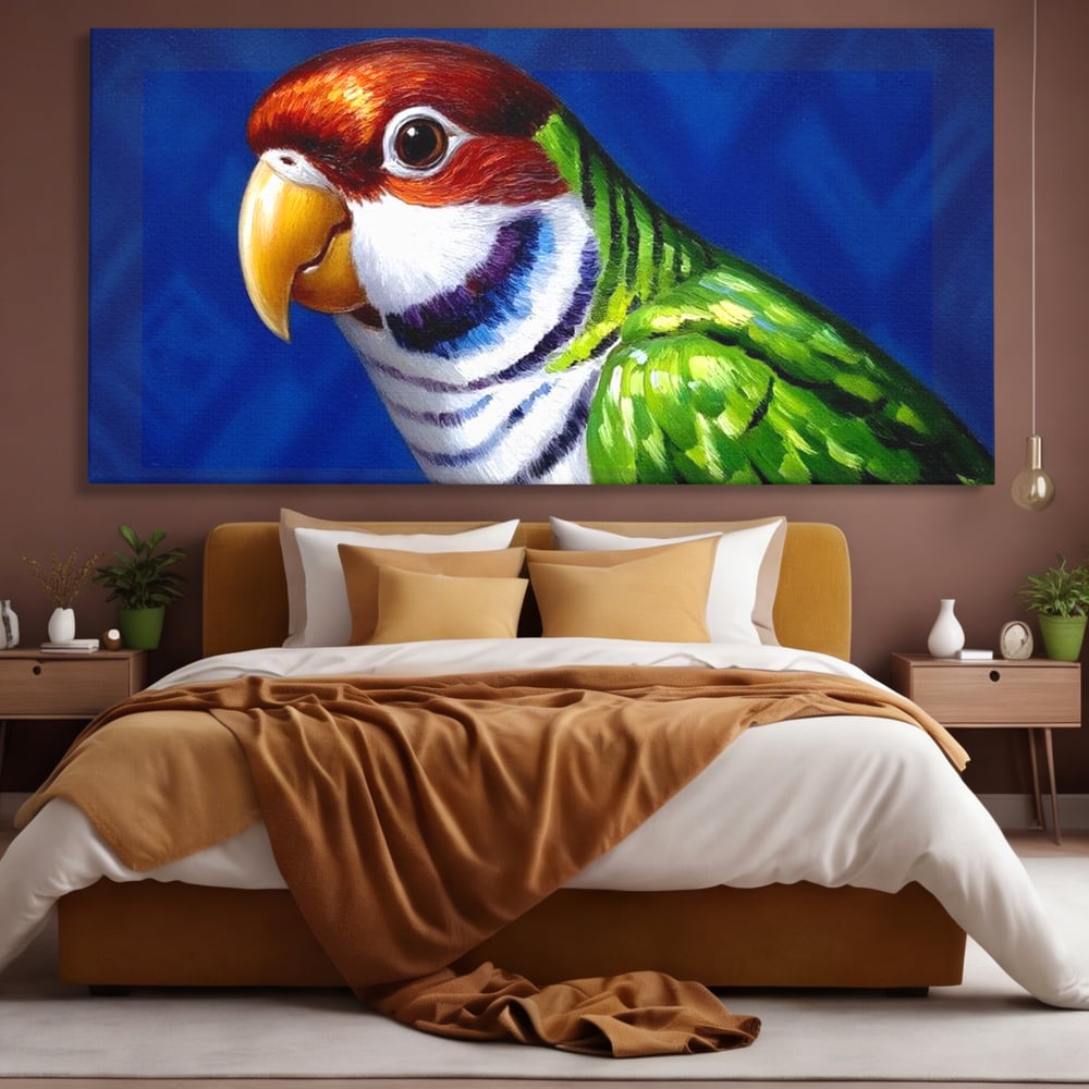 Tablou canvas cu pictura cu cap de papagal colorat, fara rama, pe sasiu de lemn, pe perete intr-un dormitor