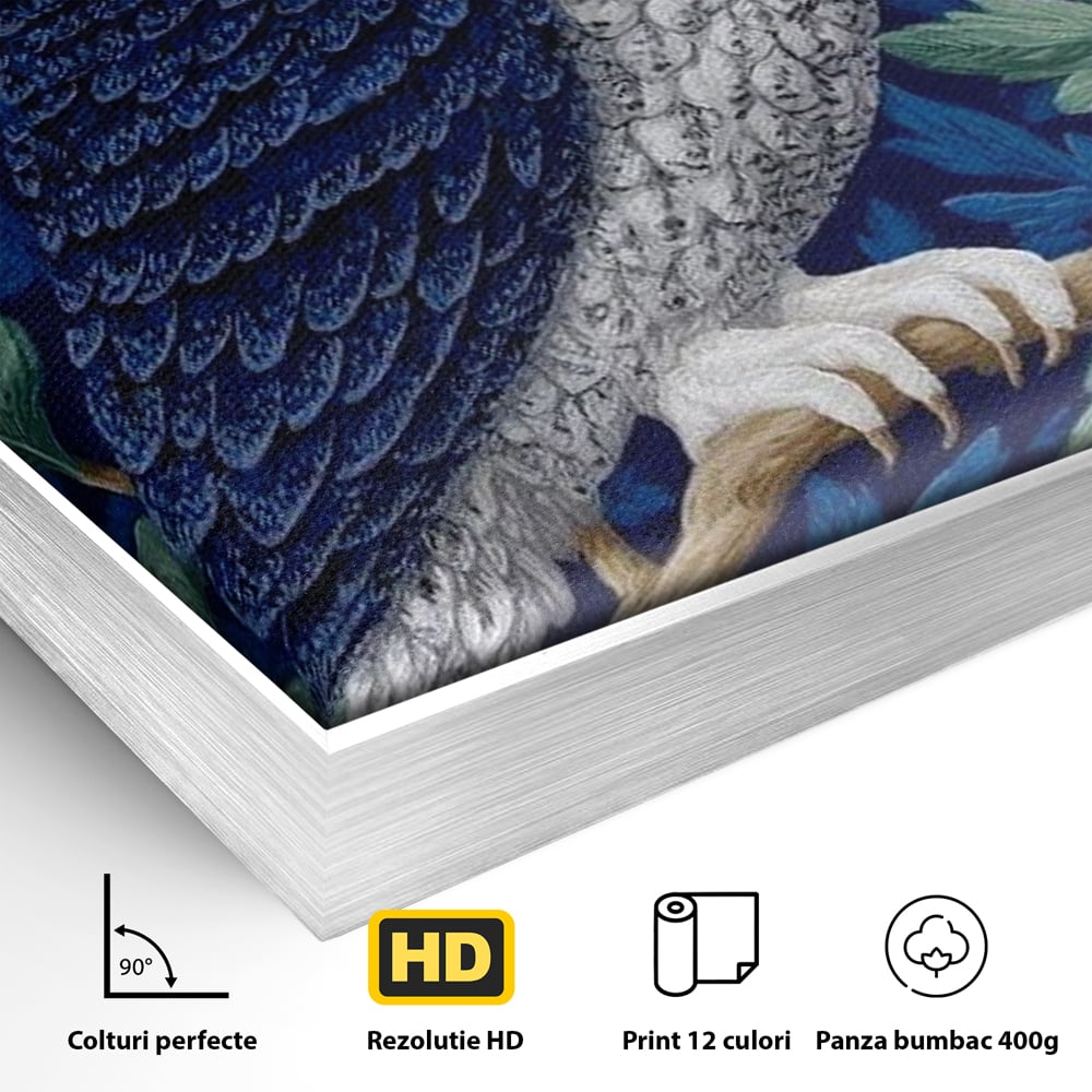 Detaliu al suprafetei: tablou canvas cu bufnita albastra, in rama de aluminiu argintiu