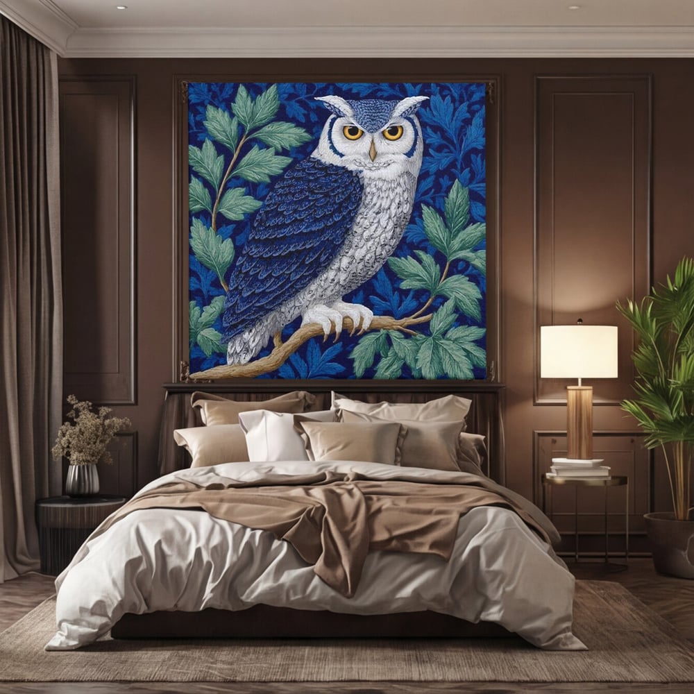 Tablou canvas cu tablou canvas cu bufnita albastra, fara rama, pe sasiu de lemn, pe perete intr-un dormitor