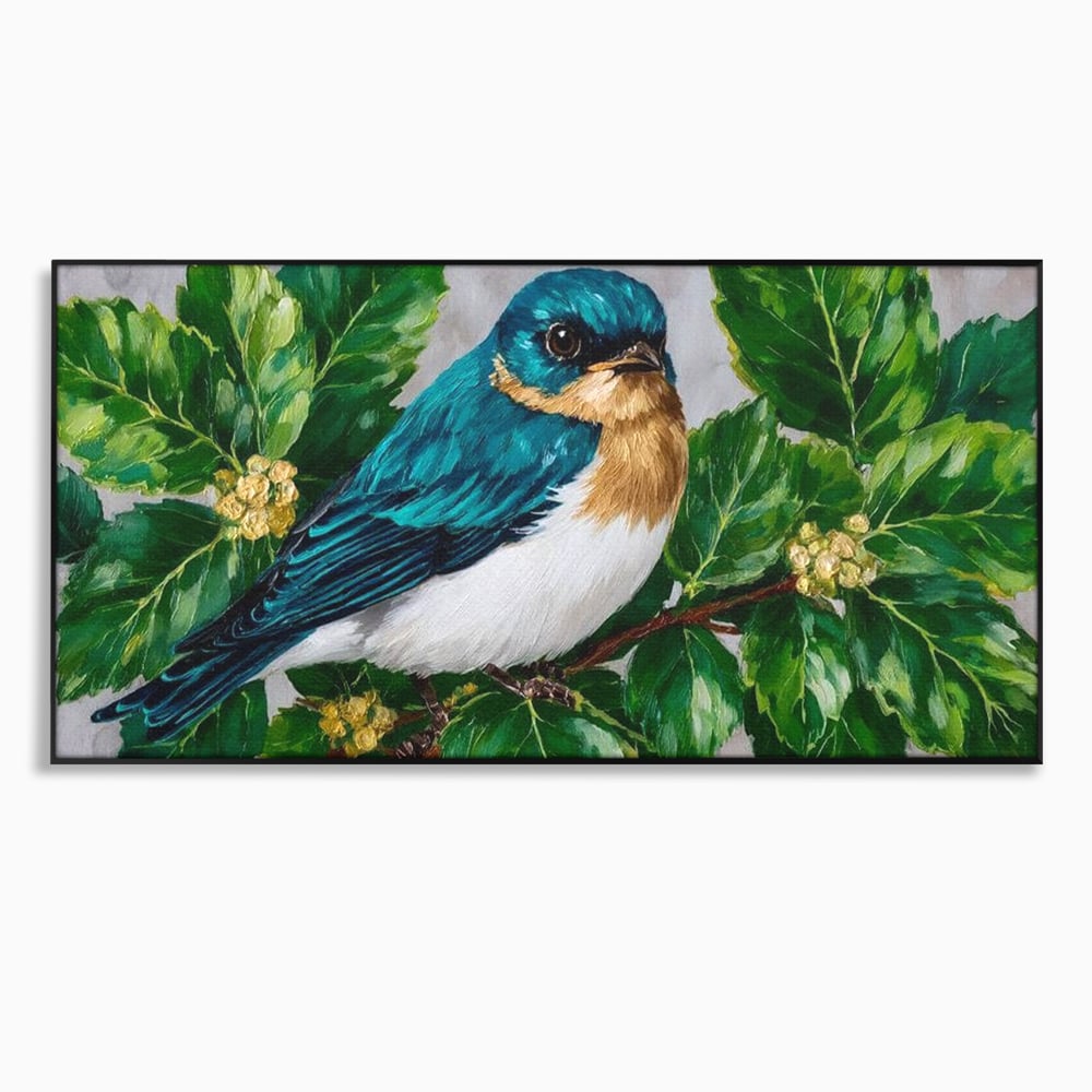 Tablou canvas cu tablou canvas cu pasare albastra printre frunze, in rama de aluminiu negru