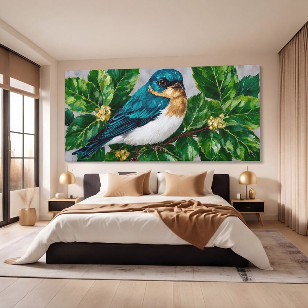 Tablou canvas cu tablou canvas cu pasare albastra printre frunze, fara rama, pe sasiu de lemn, pe perete intr-un dormitor