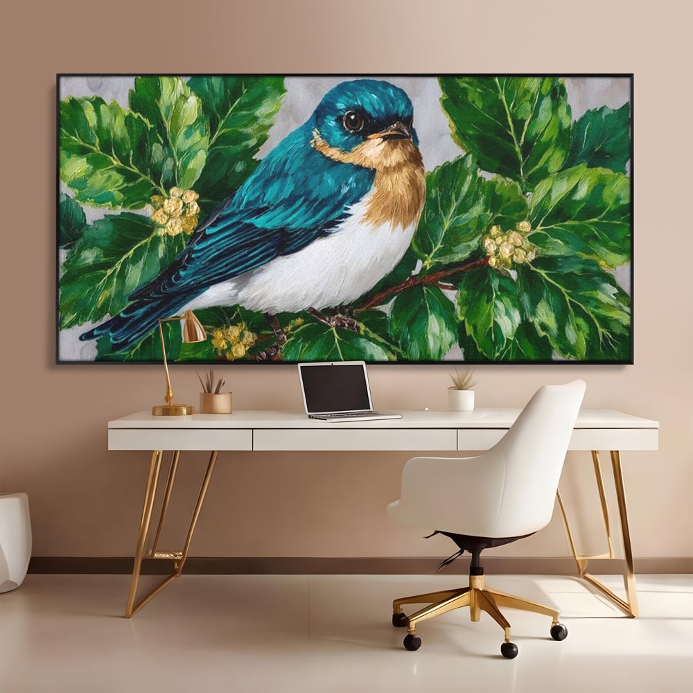 Tablou canvas cu tablou canvas cu pasare albastra printre frunze, in rama de aluminiu negru, pe perete intr-un birou