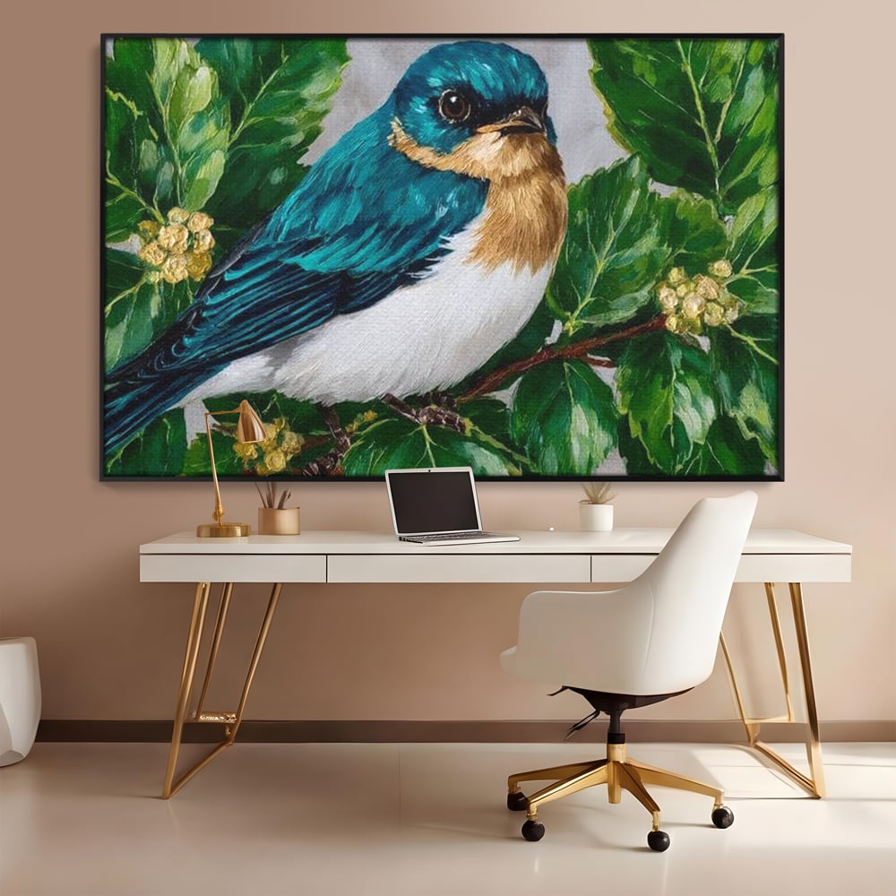 Tablou canvas cu tablou canvas cu pasare albastra printre frunze, in rama de aluminiu negru, pe perete intr-un birou