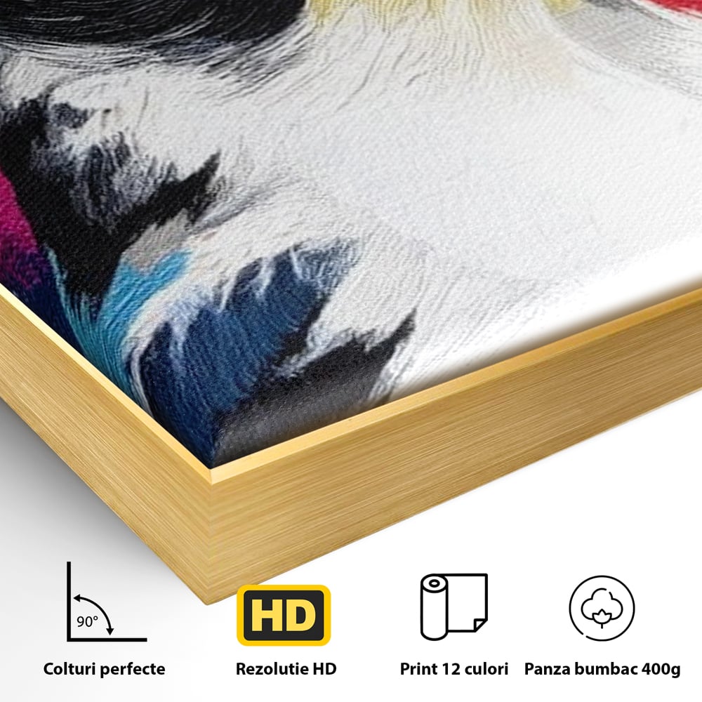 Detaliu al suprafetei: tablou canvas cu pasare colorata in profil, in rama de aluminiu auriu