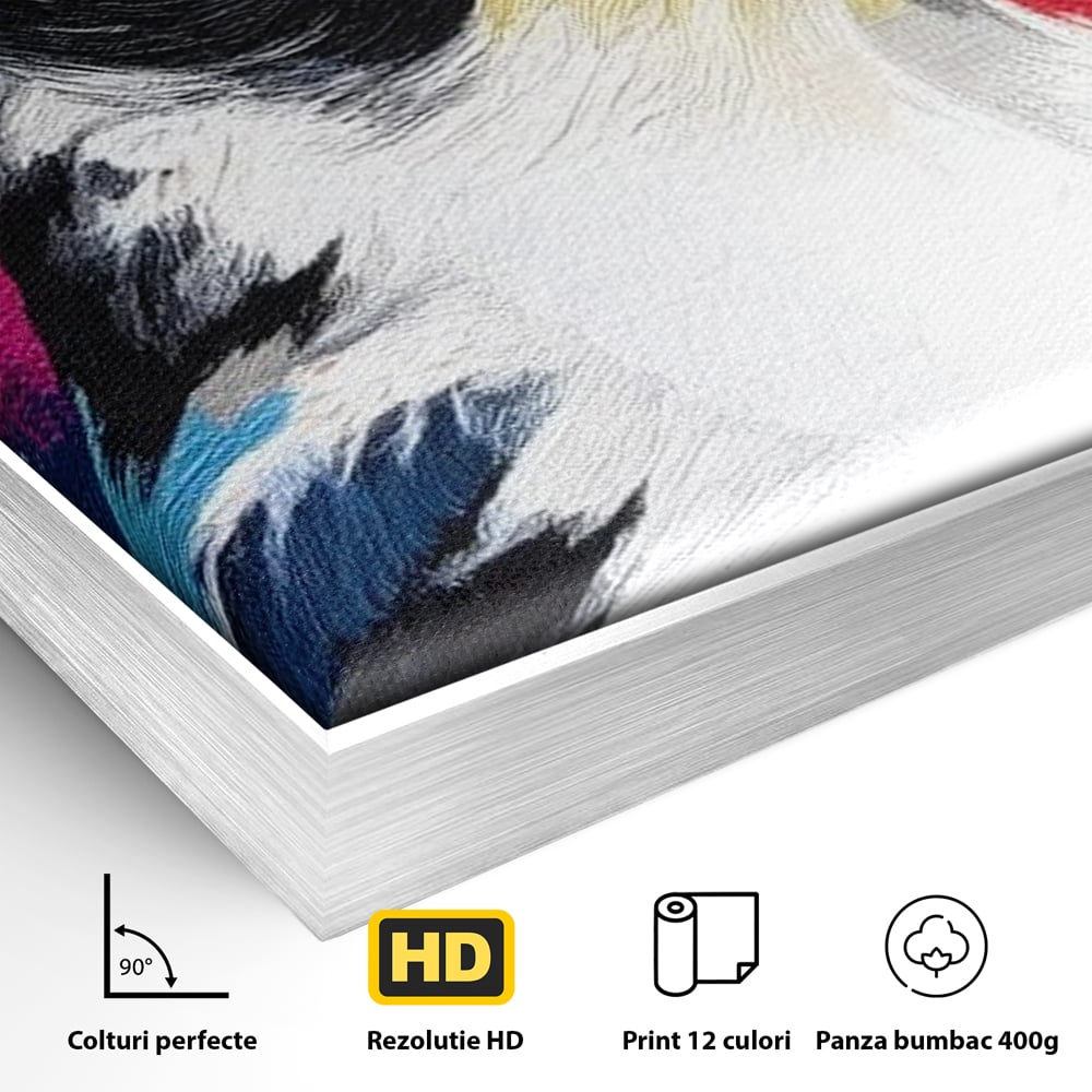 Detaliu al suprafetei: tablou canvas cu pasare colorata in profil, in rama de aluminiu argintiu