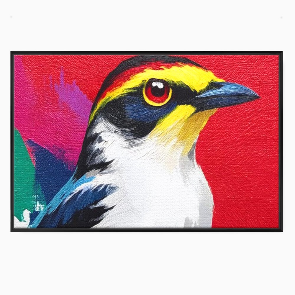 Tablou canvas cu tablou canvas cu pasare colorata in profil, in rama de aluminiu negru